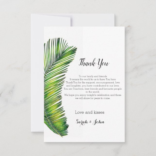 Wild Tropical Palm Leaves Greenery Wedding Thank You Card (Front)