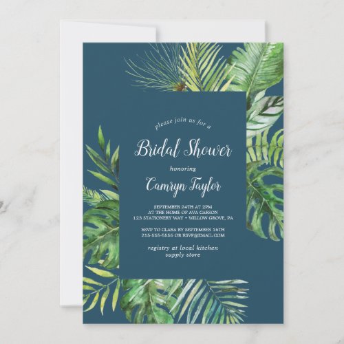 Wild Tropical Palm  Navy Blue Bridal Shower Invitation