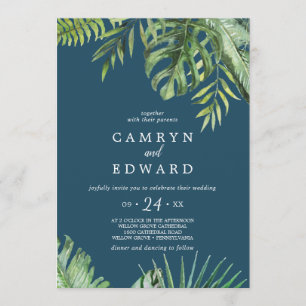 Wild Tropical Palm   Navy Blue Casual Wedding Invitation