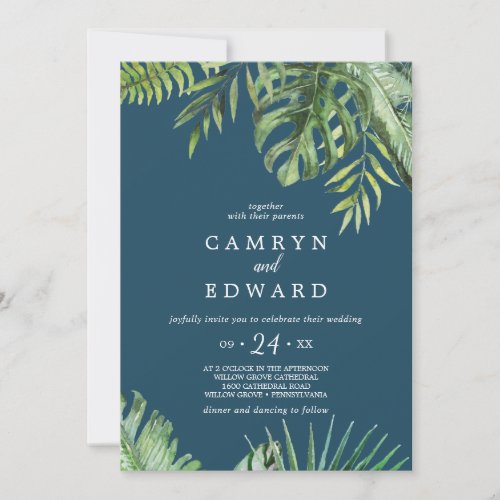Wild Tropical Palm  Navy Blue Casual Wedding Invitation