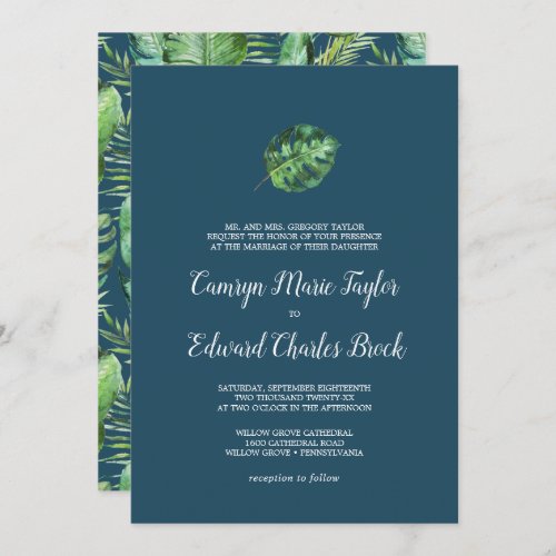 Wild Tropical Palm  Navy Blue Formal Wedding Invitation