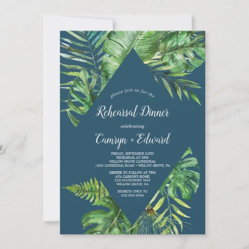 Wild Tropical Palm  Navy Blue Rehearsal Dinner Invitation