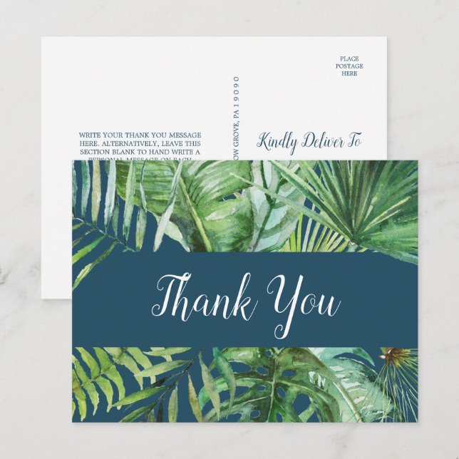 Wild Tropical Palm | Navy Blue Thank You Postcard (Front/Back)