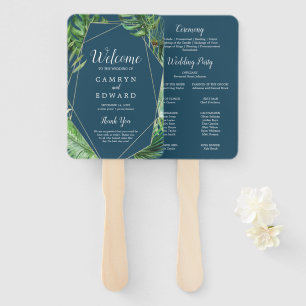 Wild Tropical Palm   Navy Blue Wedding Program Fan