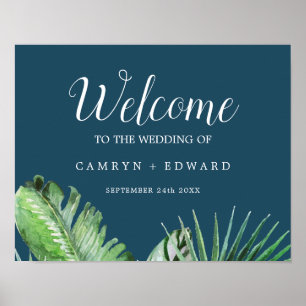 Wild Tropical Palm   Navy Blue Welcome Wedding Poster