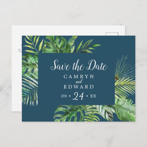 Wild Tropical Palm  Navy Save the Date Postcard