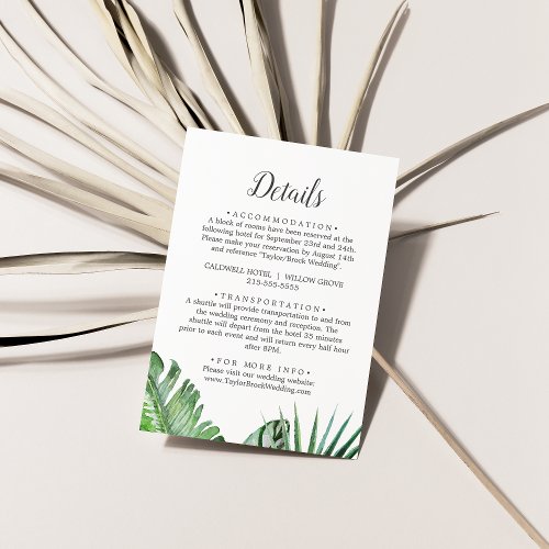 Wild Tropical Palm  Pattern Wedding Details Enclosure Card