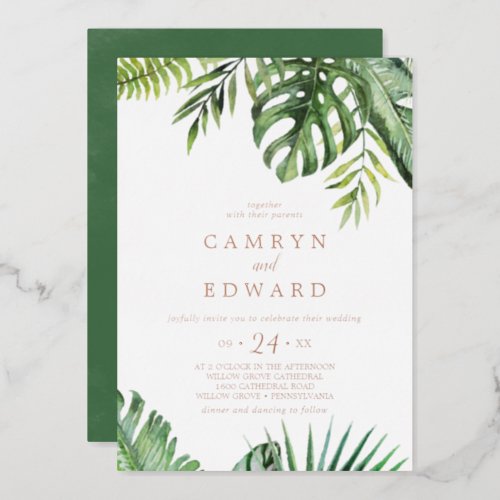 Wild Tropical Palm  Rose Gold Foil Casual Wedding Foil Invitation