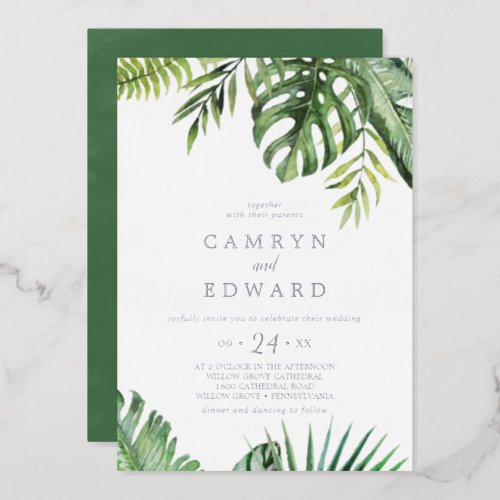 Wild Tropical Palm  Silver Foil Casual Wedding Foil Invitation