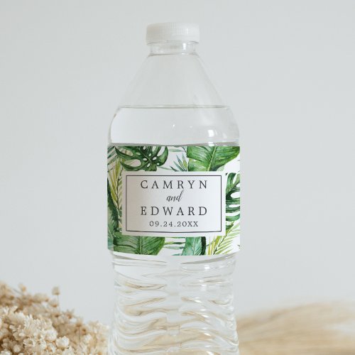Wild Tropical Palm Wedding Water Bottle Label