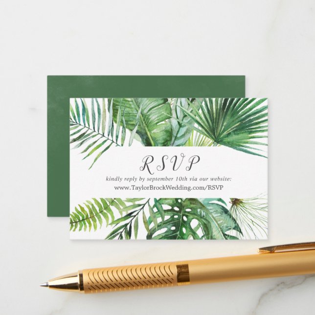 Wild Tropical Palm Wedding Website RSVP Enclosure Card (Front/Back In Situ)