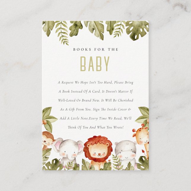 Wild Tropical Safari Animals Books For Baby Shower Enclosure Card (Front)