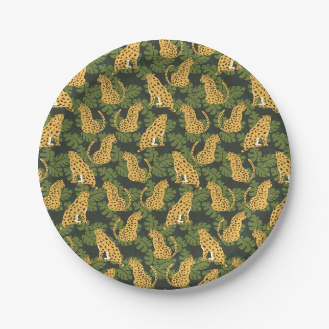 Wild Tropical Safari Leopard Jungle Palms Paper Plates (Front)