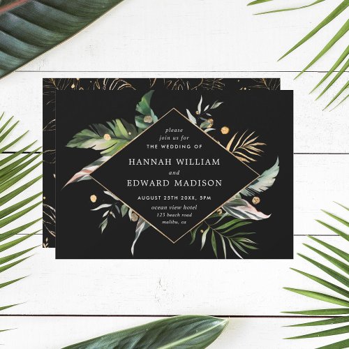 Wild Tropical Watercolor Foliage Black Wedding Invitation