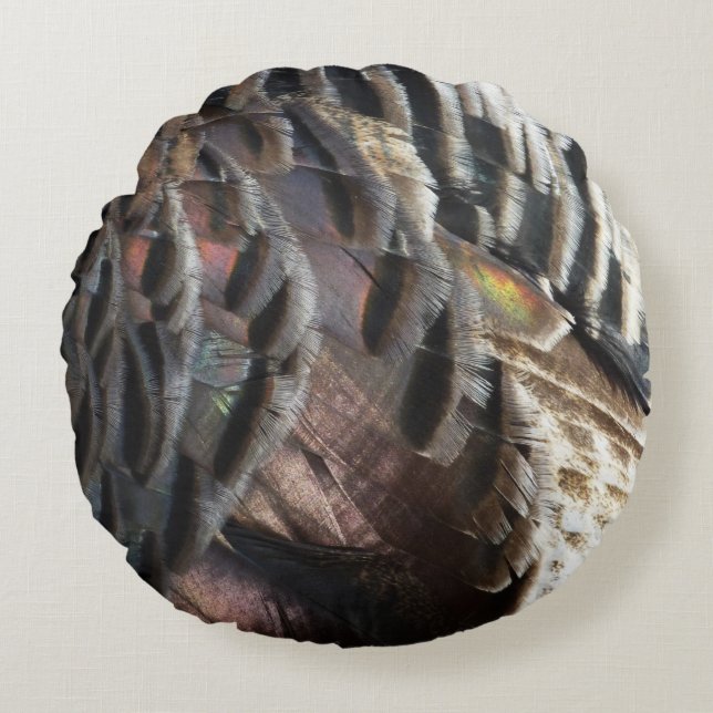 Wild Turkey Feathers I Abstract Nature Design Round Pillow (Front)
