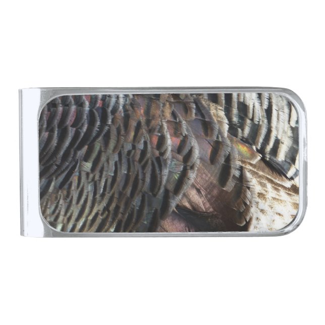 Wild Turkey Feathers I Abstract Nature Design Silver Finish Money Clip (Front)