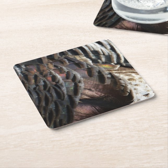 Wild Turkey Feathers I Abstract Nature Design Square Paper Coaster (Angled)