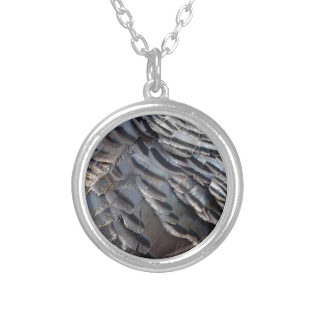 Wild Turkey Feathers II Abstract Nature Design Silver Plated Necklace (Front)