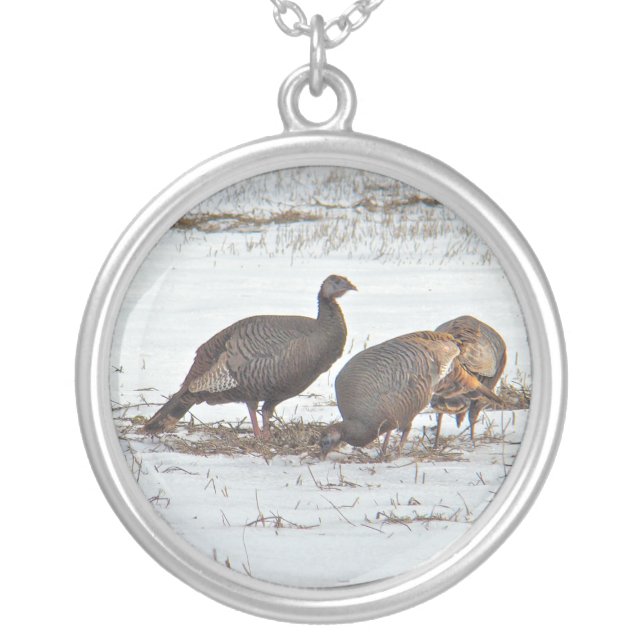 Wild Turkey in Snowy Field Silver Plated Necklace (Front)