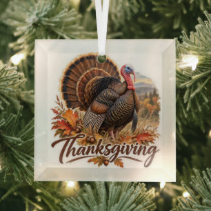 Wild Turkey Thanksgiving Glass Ornament