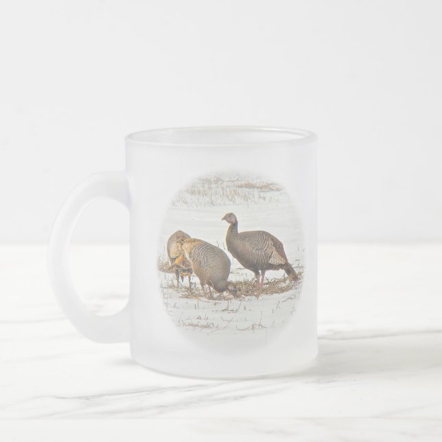 Wild Turkeys in Snow Frosted Glass Coffee Mug (Left)