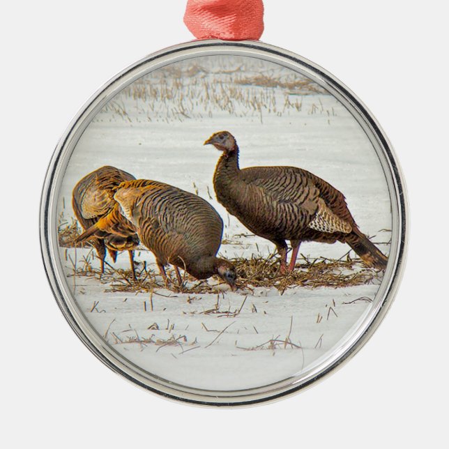 Wild Turkeys in Snow Metal Ornament (Front)