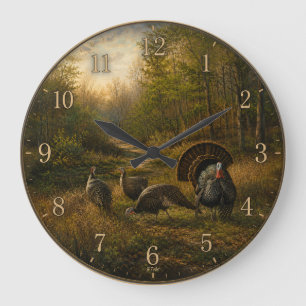 Wild Turkeys in the Autumn Forest Large Clock