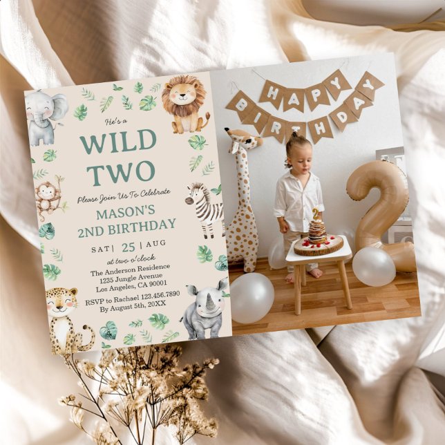 Wild Two Jungle Safari Animals Birthday Photo Invitation (Creator Uploaded)