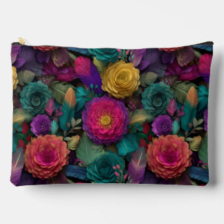 Wild Vibrant Floral Blooms and Feathers Tote Accessory Pouch