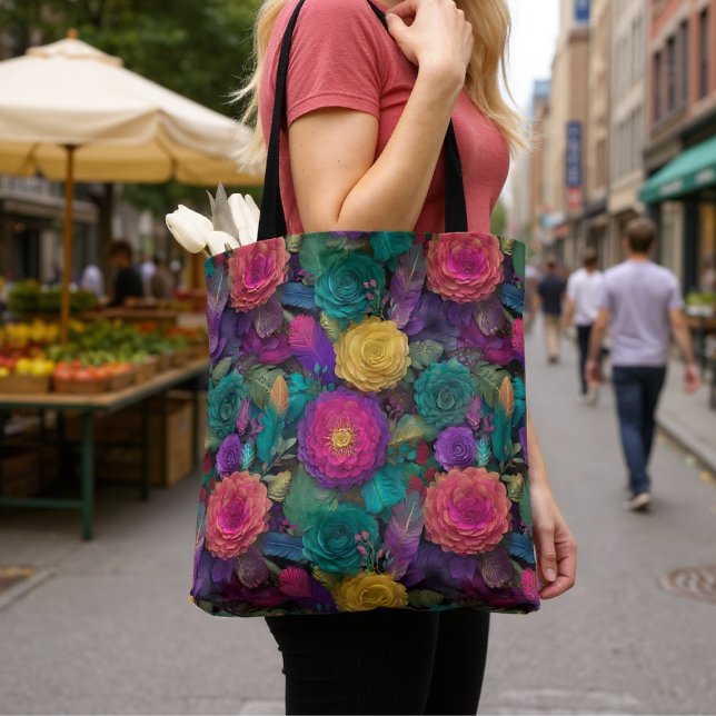 Wild Vibrant Floral Blooms and Feathers Tote Bag (Creator Uploaded)