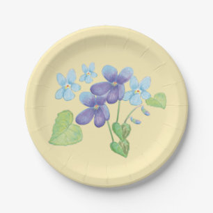 Wild Violet Flowers Illustration Light Blue Paper Paper Plates