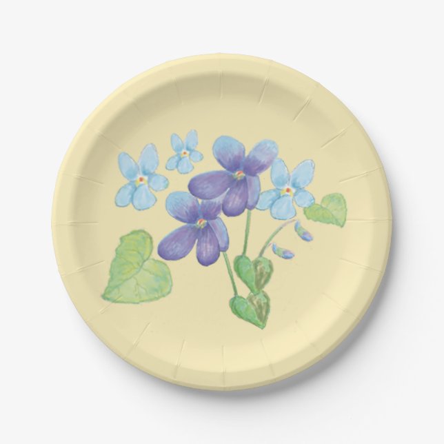 Wild Violet Flowers Illustration Light Blue Paper  Paper Plates (Front)
