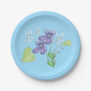 Wild Violet Flowers Illustration Light Blue Paper Plates