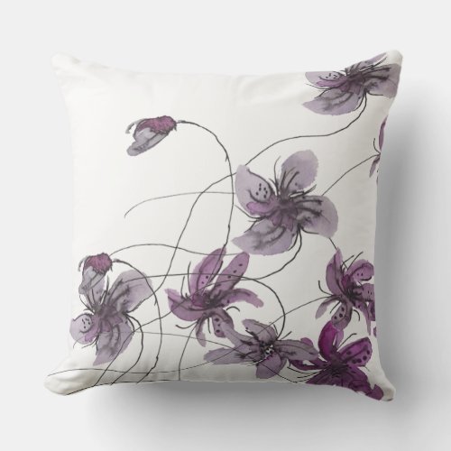 Wild Violets Boho Floral Watercolor Hand_painted Outdoor Pillow