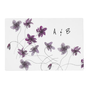 Wild Violets Watercolor Hand-painted Monogrammed Placemat