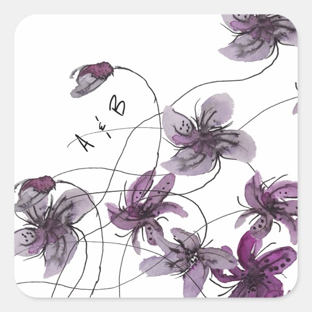 Wild Violets Watercolor Hand-painted Square Sticker (Front)