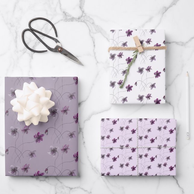 Wild Violets Watercolor Hand-painted Wrapping Paper Sheets (Front)