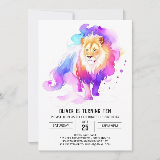 Wild Watercolor Lion Birthday Invitation (Front)