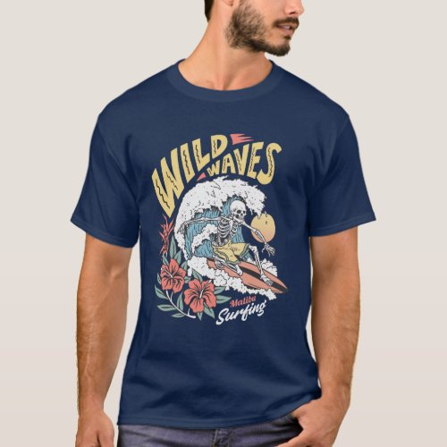 Wild Waves Skeleton on a Surfboard T_Shirt