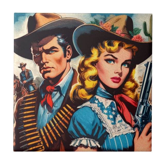 Wild West Couple Retro Comics Ceramic Tile (Front)