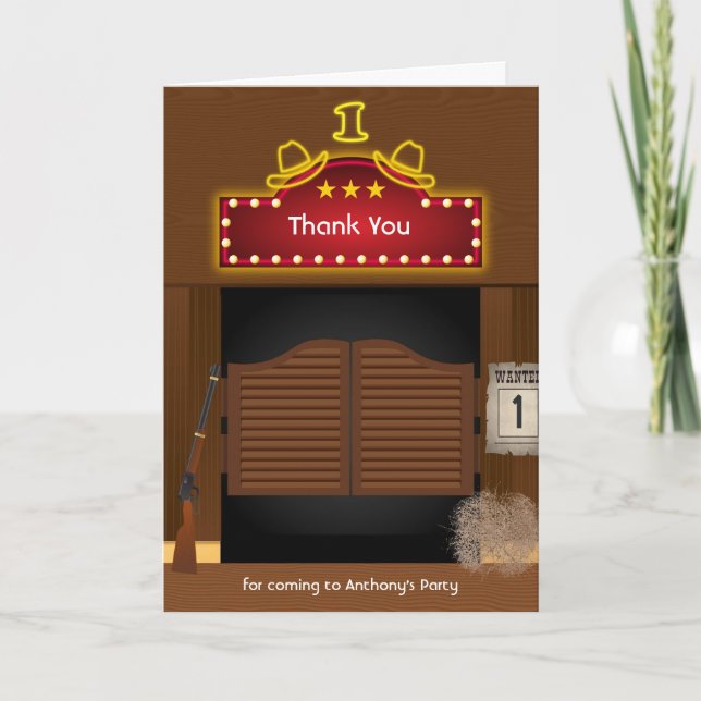 Wild West Cowboy 1st Birthday Party Thank You Card (Front)
