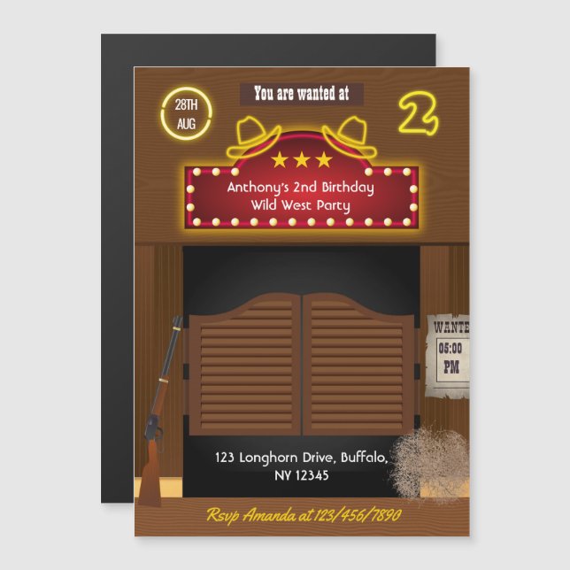 Wild West Cowboy 2nd Birthday Party Magnetic Invitation (Front/Back)