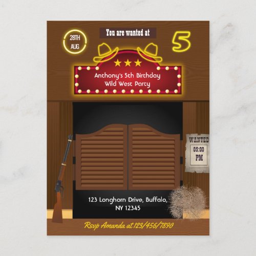 Wild West Cowboy 5th Birthday Party Postcard