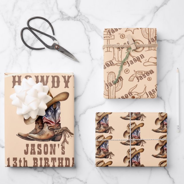 Wild west cowboy birthday wrapping paper sheets (Front)