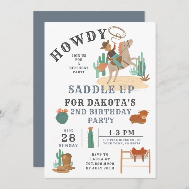 Wild West Cowboy Boy 2nd Birthday Invitation (Front/Back)
