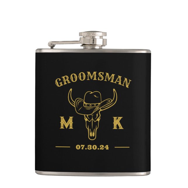 Wild West Cowboy Personalized Groomsmen Monogram Flask (Front)