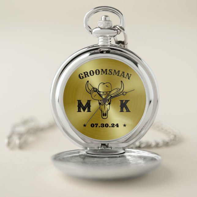 Wild West Cowboy Personalized Monogram Groomsmen Pocket Watch (Inside)