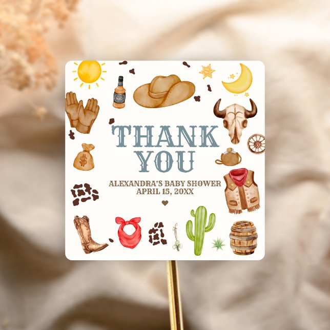 Wild West Cowboy Rodeo Baby Shower Square Sticker (Cowboy Western Rodeo Ranch Baby Shower Sticker)