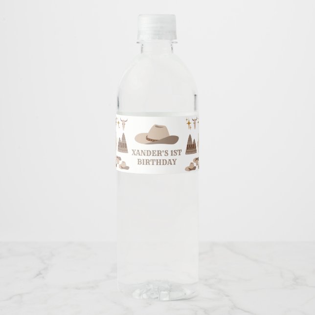 Wild West Cowboy Western 1st Party Birthday Water Bottle Label (Front)