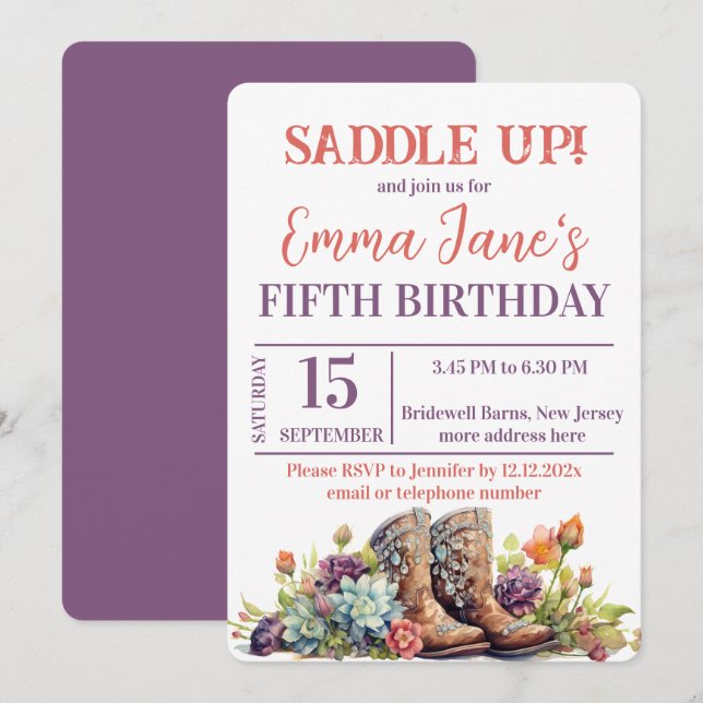 Wild West Cowgirl 5th Birthday  Invitation (Front/Back)